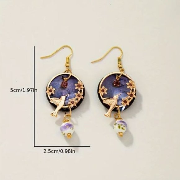 NEW Vintage Art Nouveau Gold Hummingbird Mother of Pearl Drop Earrings - Picture 4 of 4